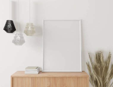 Ev içi poster, dolapta çerçeve ve beyaz duvar arkaplanı ile modellenir. - 3D görüntüleme.-