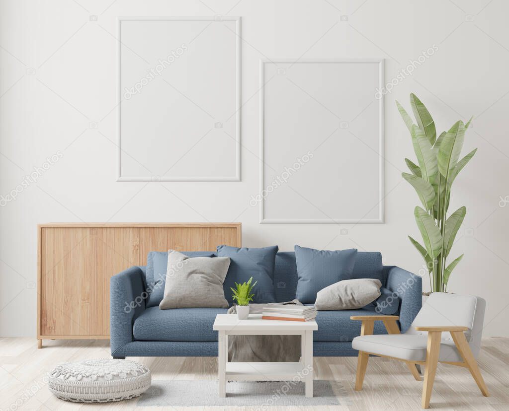 Living room on the white wall background, minimal style ,frame form mock up - 3D rendering -