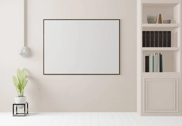 Ahşap zemin, beyaz duvar, çerçeve, sanat deco tarzı modern büyük oturma odası. - 3D görüntüleme -