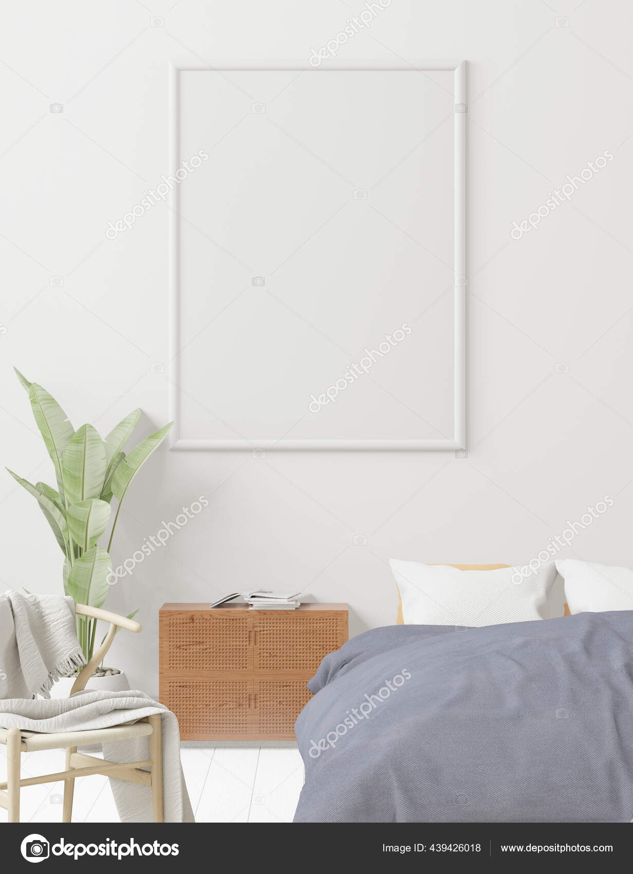 Big Bedroom White Wall Background Minimal Style Frame Form Mock Stock