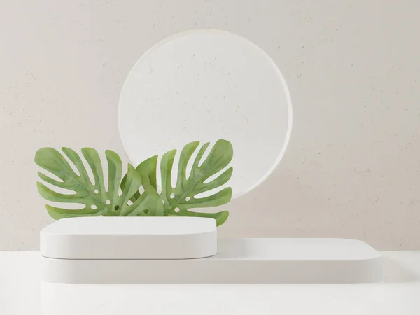 Ürün sunumu ve Monstera için kozmetik beyaz podyum. Moda dergisi illüstrasyonu için. 3d resimleme