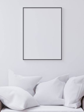 Beyaz yastıklarda oturma odası, minimal stil, çerçeve şekli maket - 3D görüntüleme -