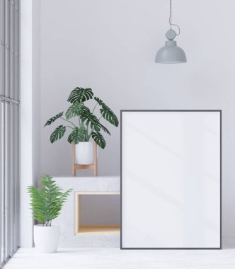 Beyaz duvar arka planında oturma odası, ağaç, minimal biçim, çerçeve formu maketi - 3B görüntüleme -