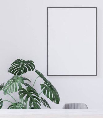 Beyaz duvar arka planında oturma odası, ağaç, minimal biçim, çerçeve formu maketi - 3B görüntüleme -