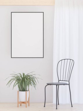 Beyaz duvar arka planında oturma odası, ağaç, minimal biçim, çerçeve formu maketi - 3B görüntüleme -