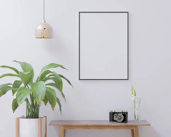 Beyaz duvarda oturma odası, küçük ağaç ve kamera, minimal stil, çerçeve şekli maket - 3D görüntüleme -