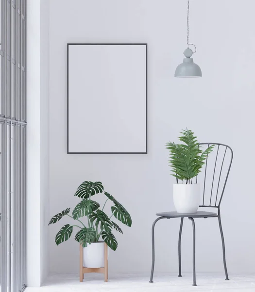Beyaz duvar arka planında oturma odası, ağaç ve sandalye, minimal biçim, çerçeve formu maketi - 3B görüntüleme -