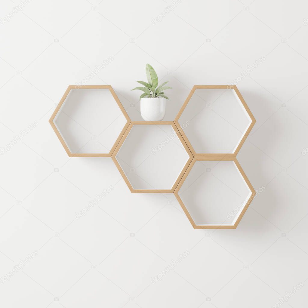 wooden Hexagon shelf and tree copy space for mock up ,isolated background - 3d rendering -