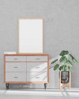 Çatı katı tarzı Oturma odası ve beton duvar, büfe çerçeve - 3D görüntüleme -