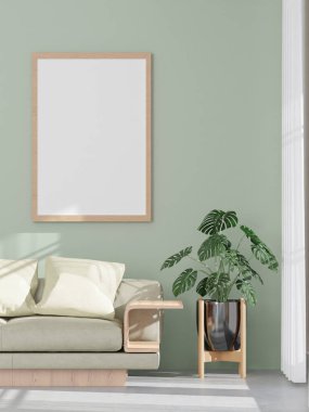 Çatı katı tarzı oturma odası ve yeşil duvar kanepesi çerçeve - 3D görüntüleme -