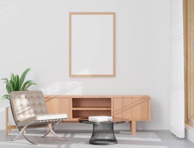 Büyük oturma odası ve beyaz duvar, deri sandalye, çerçeve - 3D görüntüleme -