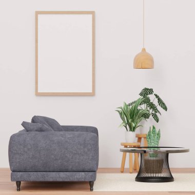 Oturma odası ve beyaz duvar kumaşı kanepe çerçeve - 3D görüntüleme -