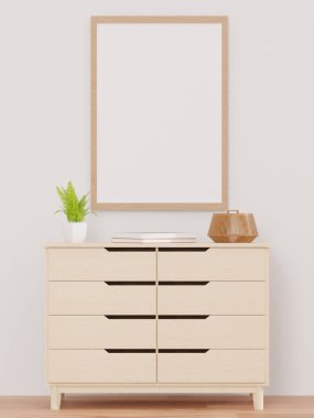 Stil oturma odası ve beyaz duvar, ahşap büfe çerçeve - 3D görüntüleme -