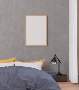 Çatı katı tarzı yatak odası ve beton duvar, çerçeve oluşturun ve boşluğu kopyalayın - 3d oluşturma -