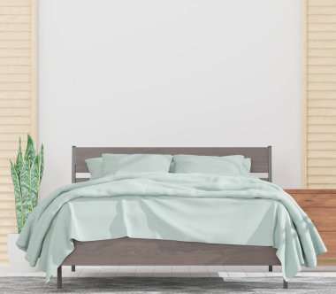 Yatak odası ve beyaz duvar, büyük pencere, yeşil yatak, minimal stil, maket yap ve uzay duvarını kopyala - 3D görüntüleme -