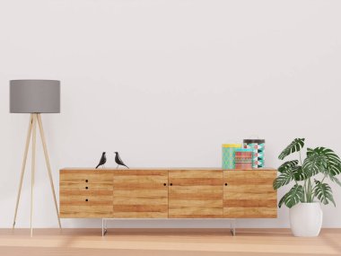 Oturma odası ve beyaz duvar, ve ahşap dolap, asgari stil, maket yap ve uzay duvarını kopyala - 3D görüntüleme -
