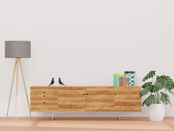 Oturma odası ve beyaz duvar, ve ahşap dolap, asgari stil, maket yap ve uzay duvarını kopyala - 3D görüntüleme -