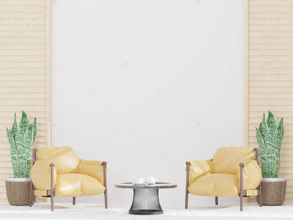 Living room and white wall,big window, yellow chair , minimal style ,mock up and copy space wall - 3d rendering -