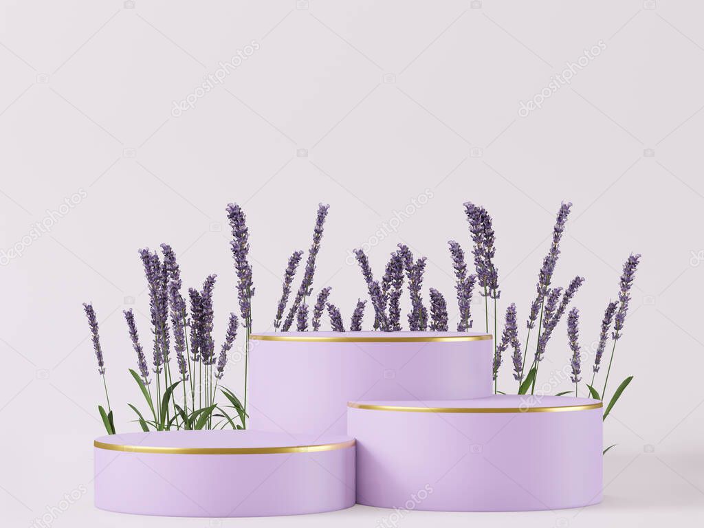 Cosmetic purple podium and background for product presentation, for magazine. Lavender flower bg - 3d rendering -