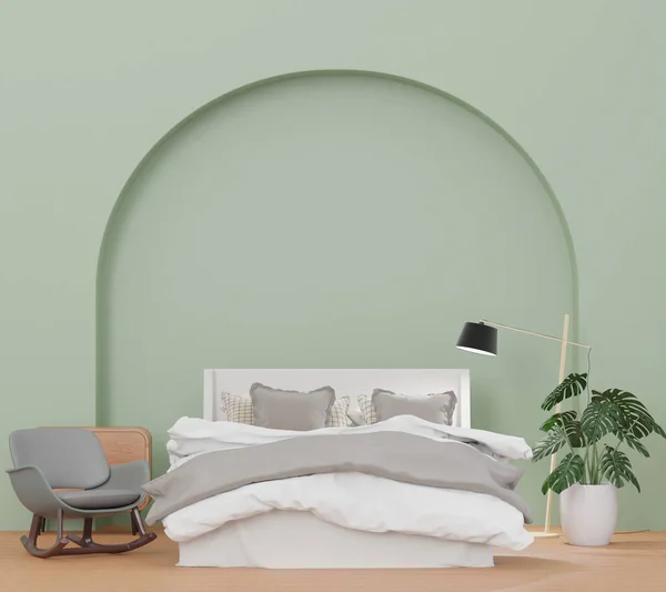 Bedroom and green wall, big curve wall, minimal style ,mock up and copy space wall - 3d rendering -