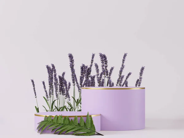 Kozmetik mor podyum ve ürün sunumu için, dergi için. Lavanta çiçeği ve eğreltiotu yaprağı - 3 boyutlu görüntüleme -