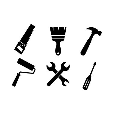 Beyaz Arkaplanda Siyah Araç Simgeleri, Boyalı Fırça Çekiç Çekici Tornavida Çizgileri, Düz Çizgiler