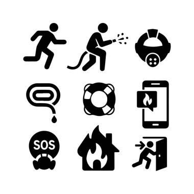 İtfaiyeci Acil Durum Simgeleri Beyaz Arkaplanda Çalışan Rakam, Hortum Spreyi Söndüren Su, Solunum maskesi,