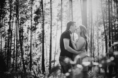 Siyah beyaz fotoğraf romantik genç çift arka plan yaz orman üzerinde öpüşme