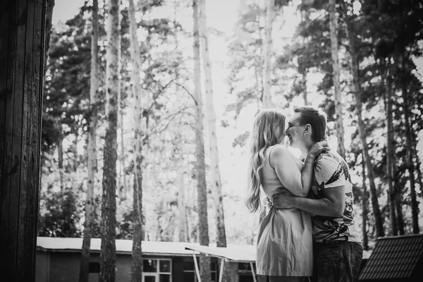 Black white photography romantic young couple kissing on background summer forest — Stock Photo, Image