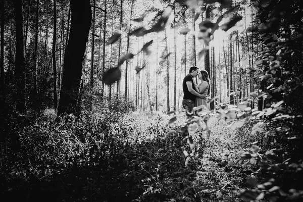 Siyah beyaz fotoğraf romantik genç çift arka plan yaz orman üzerinde öpüşme — Stok fotoğraf