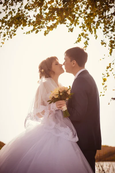 Jeune mariée et marié sur le fond du lac — Photo