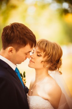 Genç gelin ve damat daha mavi zemin üzerine