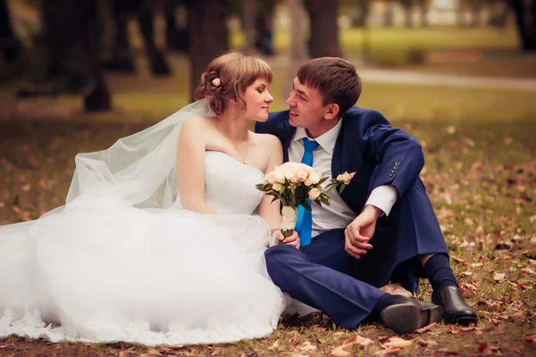 Mladá nevěsta a ženich na pozadí podzimní krajina — Stock fotografie