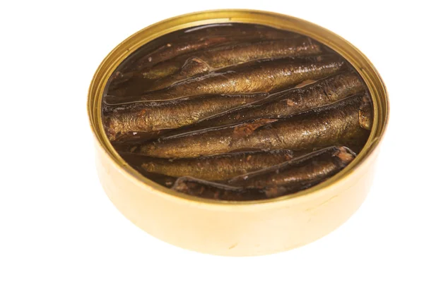Open can of sprats on a isolated background — Stock Photo, Image