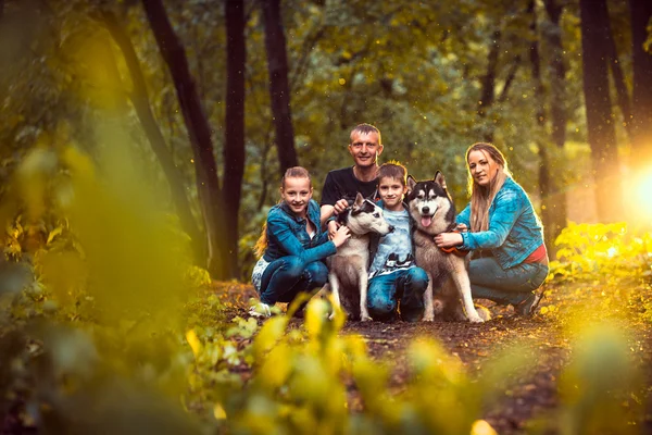 Familj med barn och husky hundar i skogen — Stockfoto