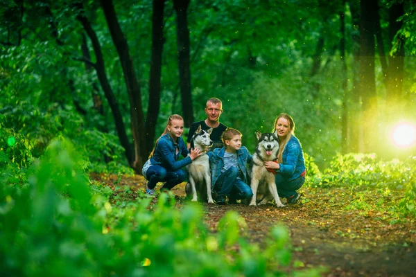 Família com crianças, e cães husky na floresta — Fotografia de Stock