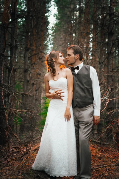 Dramática imagen novia y novio en el fondo de las hojas bosque luz de fondo — Foto de Stock