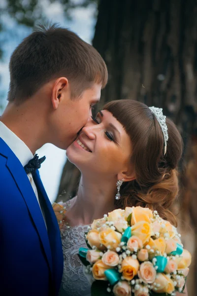 Bride and groom kissing on the background of trees — Stock Photo, Image