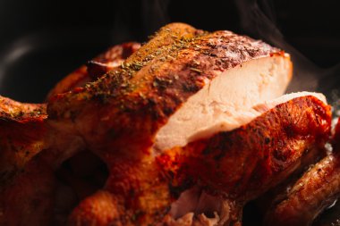 Altın kahverengi kıyılmış closeup ile taze pişmiş tavuk