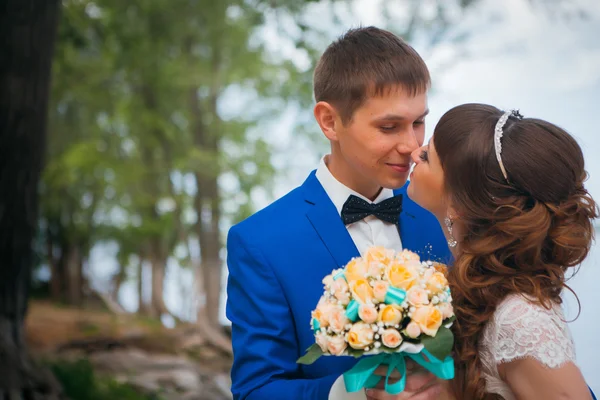 Bride and groom kissing on the background of trees — Stock Photo, Image