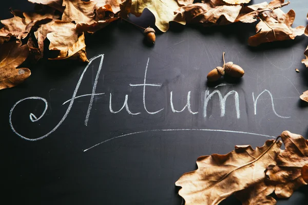 Sárga levelek, és a felirat ősszel egy táblára — Stock Fotó