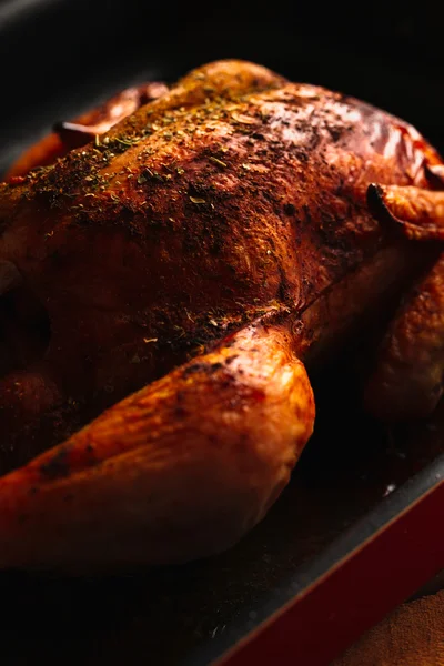 Pollo recién horneado con una corteza rojiza en la sartén oscura — Foto de Stock