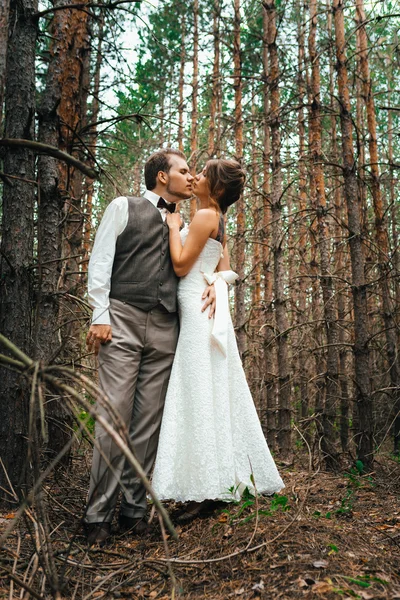 Dramático imagem noiva e noivo no fundo das folhas floresta backlight — Fotografia de Stock