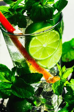 mojito limon ve nane buz küp yakın çekim kırmızı saman ile bardak