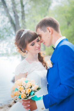 Gelin ve damat öpüşme ayakta doğa arka planda