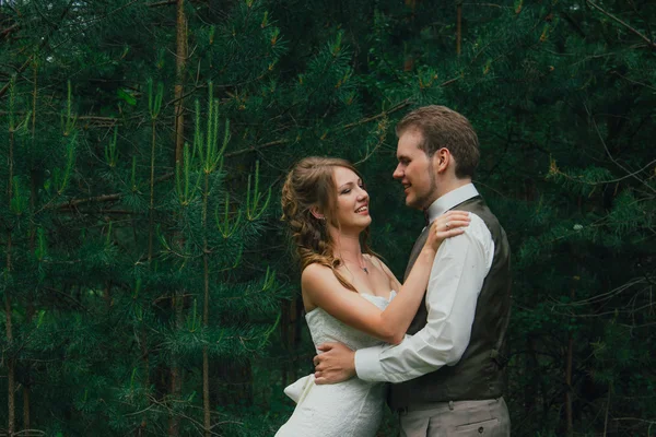 Наречений і наречений обіймаються на фоні лісу — стокове фото