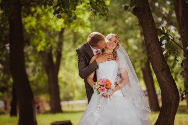 Gelin ve damat bir park kissing.couple yeni evli gelin ve damat doğa yeşil orman bir düğünde fotoğraf portre öpüşme. Düğün çift aşk