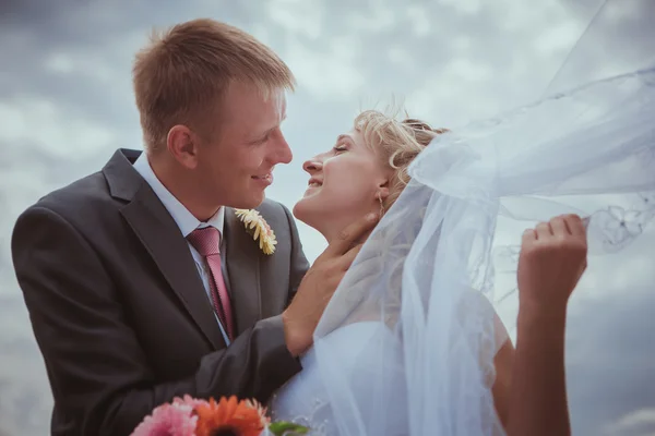 Hermosos novios de pie en la hierba y besándose. Boda pareja moda disparar . — Foto de Stock