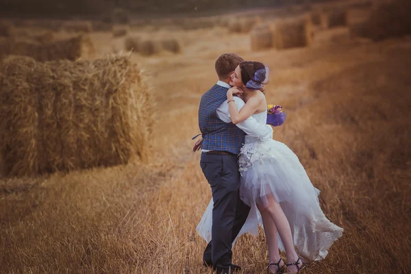 Mariée et marié avec voile près de foin — Photo