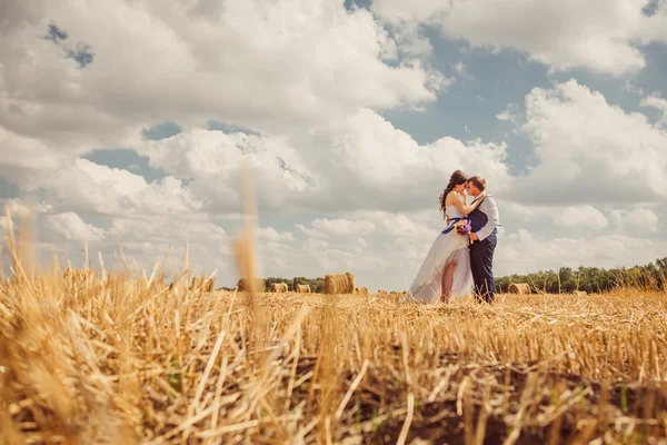 Mariée et marié avec voile près de foin — Photo